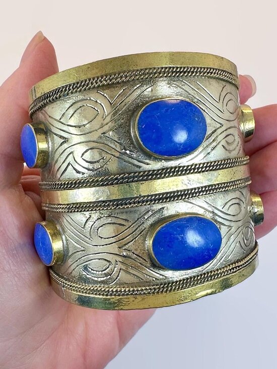 Vintage Middle Eastern Cuff Afghan Silver Gold Wash Mixed Metals Lapis Composite - Picture 1 of 4